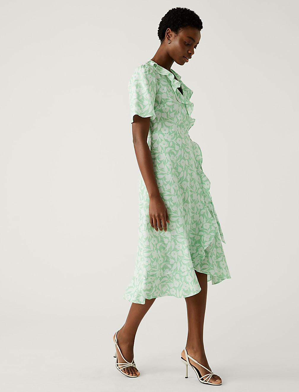 Linen Rich Floral V-Neck Midi Wrap Dress