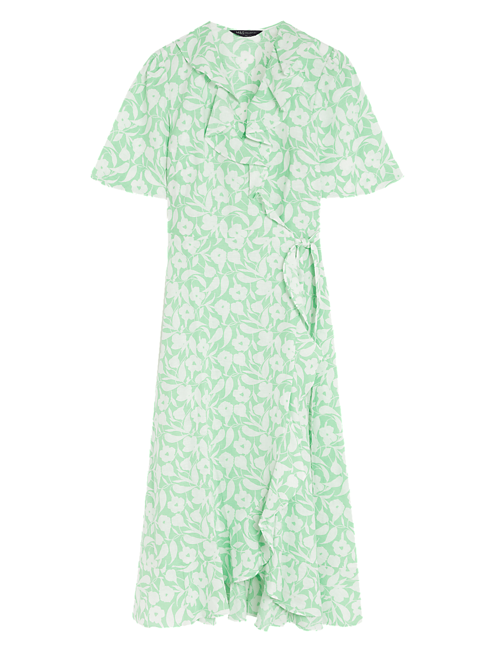 Linen Rich Floral V-Neck Midi Wrap Dress