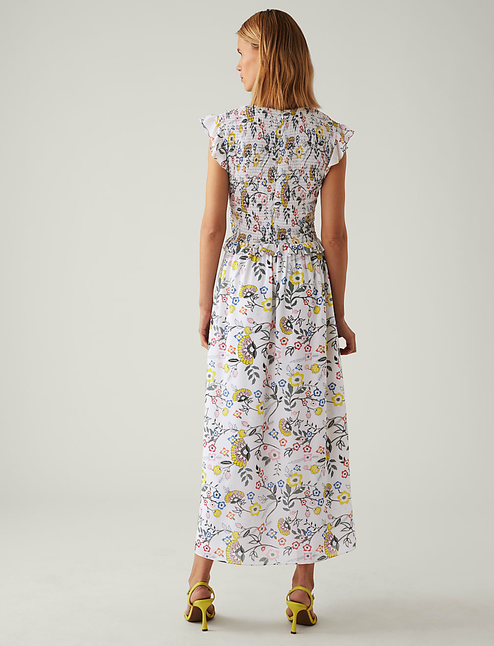 Floral V-Neck Shirred Midi Waisted Dress