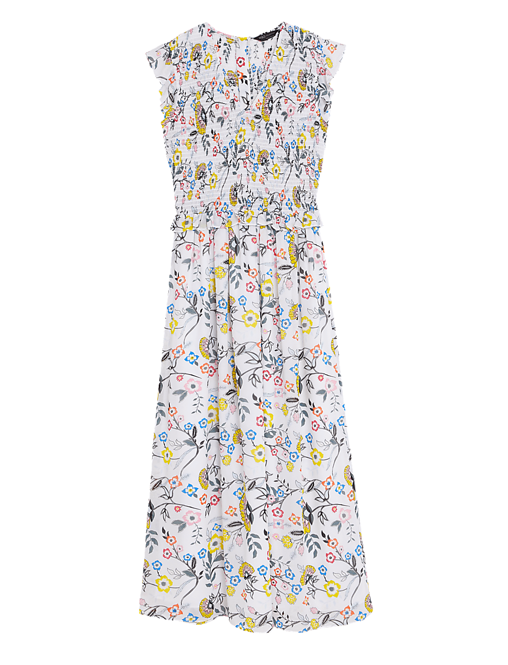Floral V-Neck Shirred Midi Waisted Dress