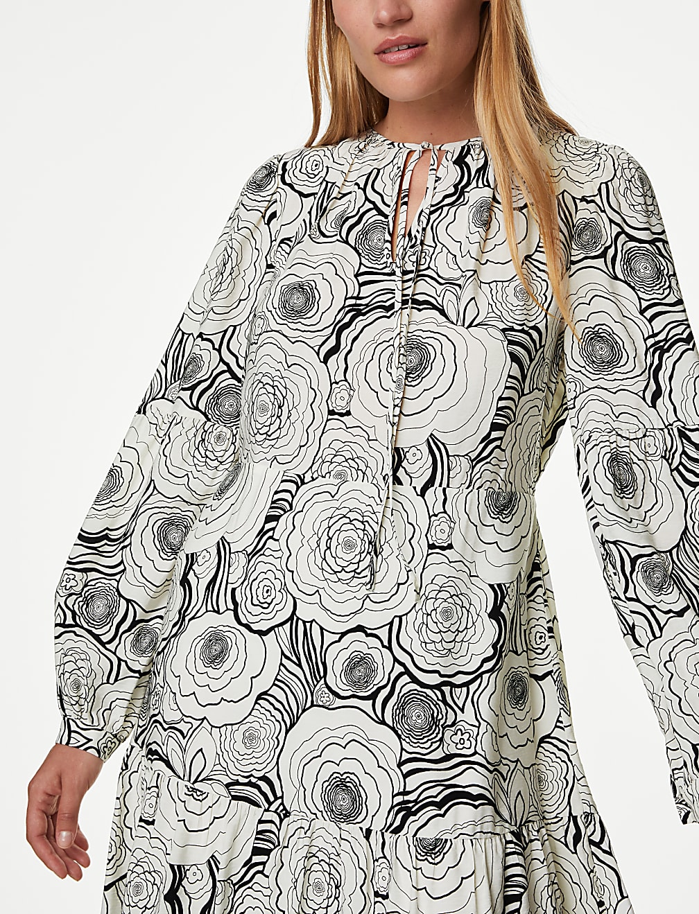 Floral Tie Neck Midaxi Relaxed Tiered Dress
