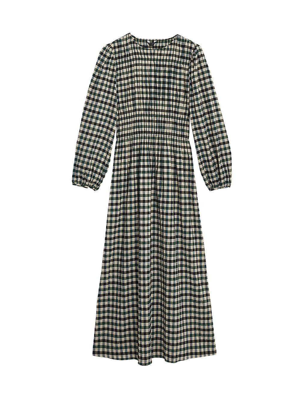 Cotton Blend Checked Midaxi Waisted Dress