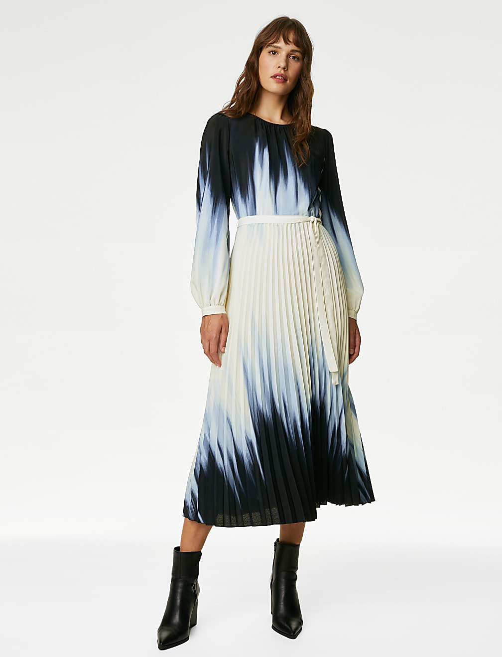 Ombre Tie Waist Pleated Midi Waisted Dress
