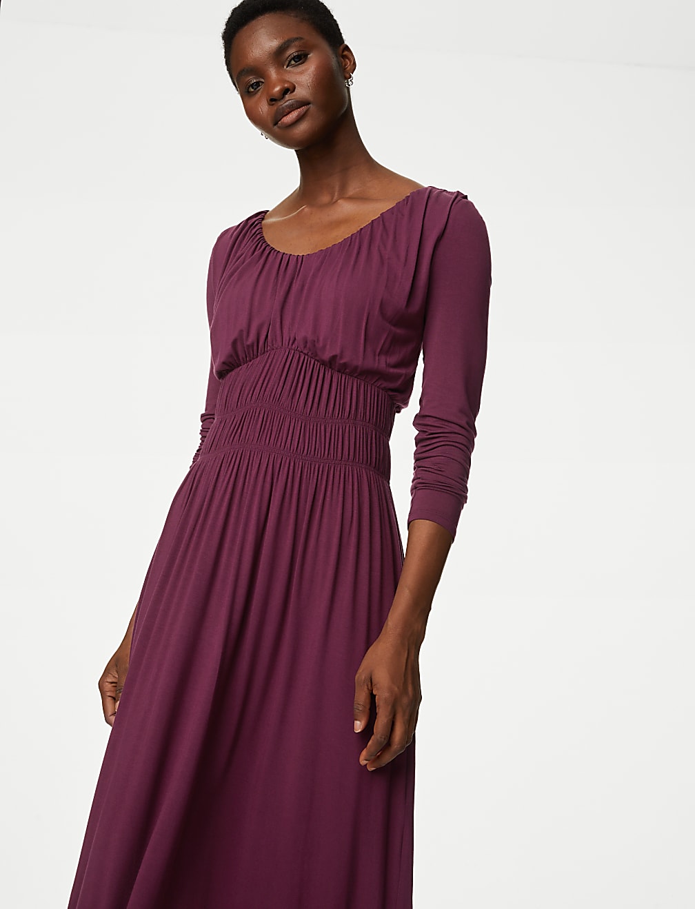 Round Neck Ruched Midi Smock Dress