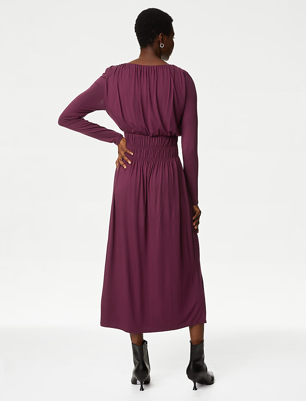 Round Neck Ruched Midi Smock Dress