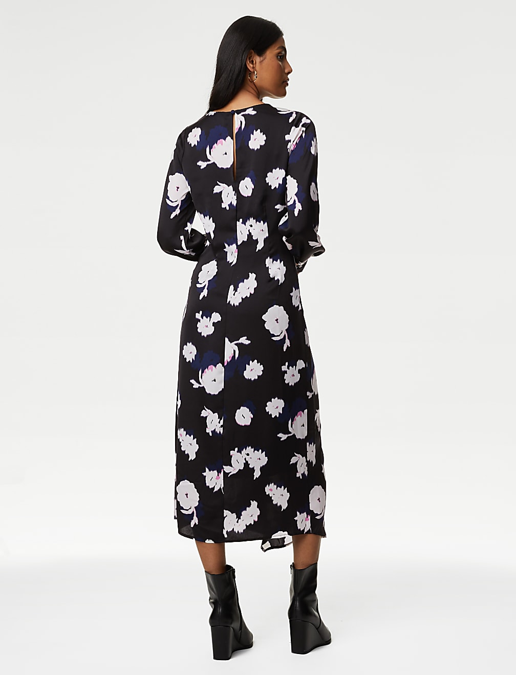 Satin Floral Round Neck Midi A-Line Dress