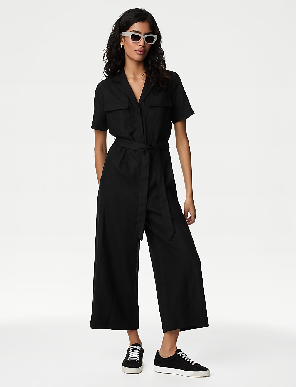 Linen Blend Belted Utility Jumpsuit