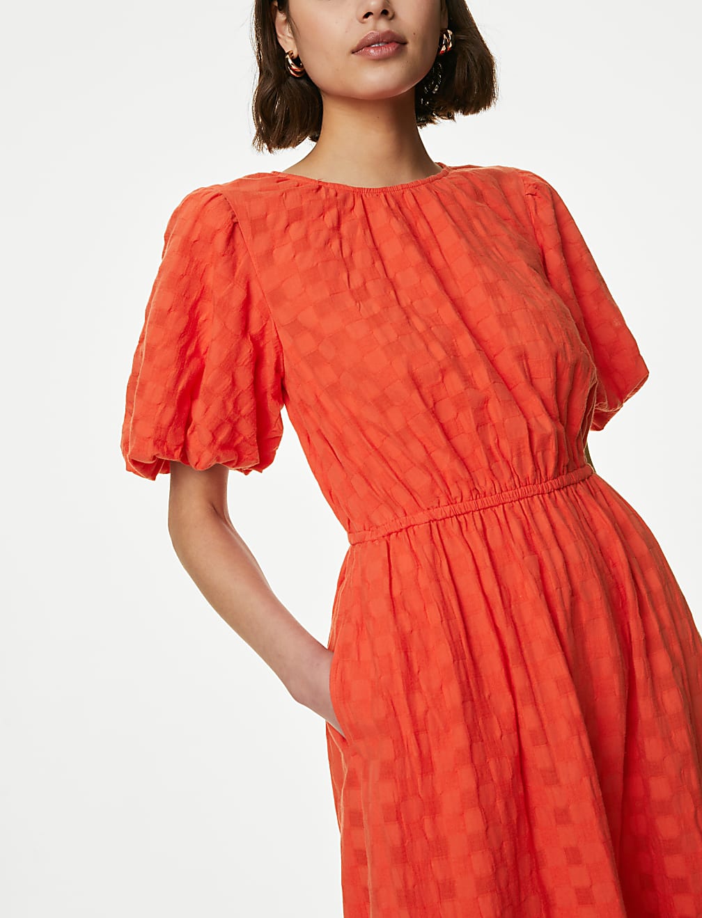 Pure Cotton Checked Midi Waisted Dress