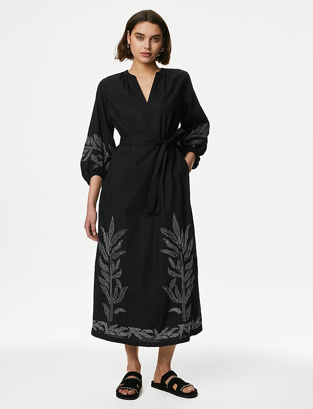 Pure Cotton Embroidered Midi Waisted Dress