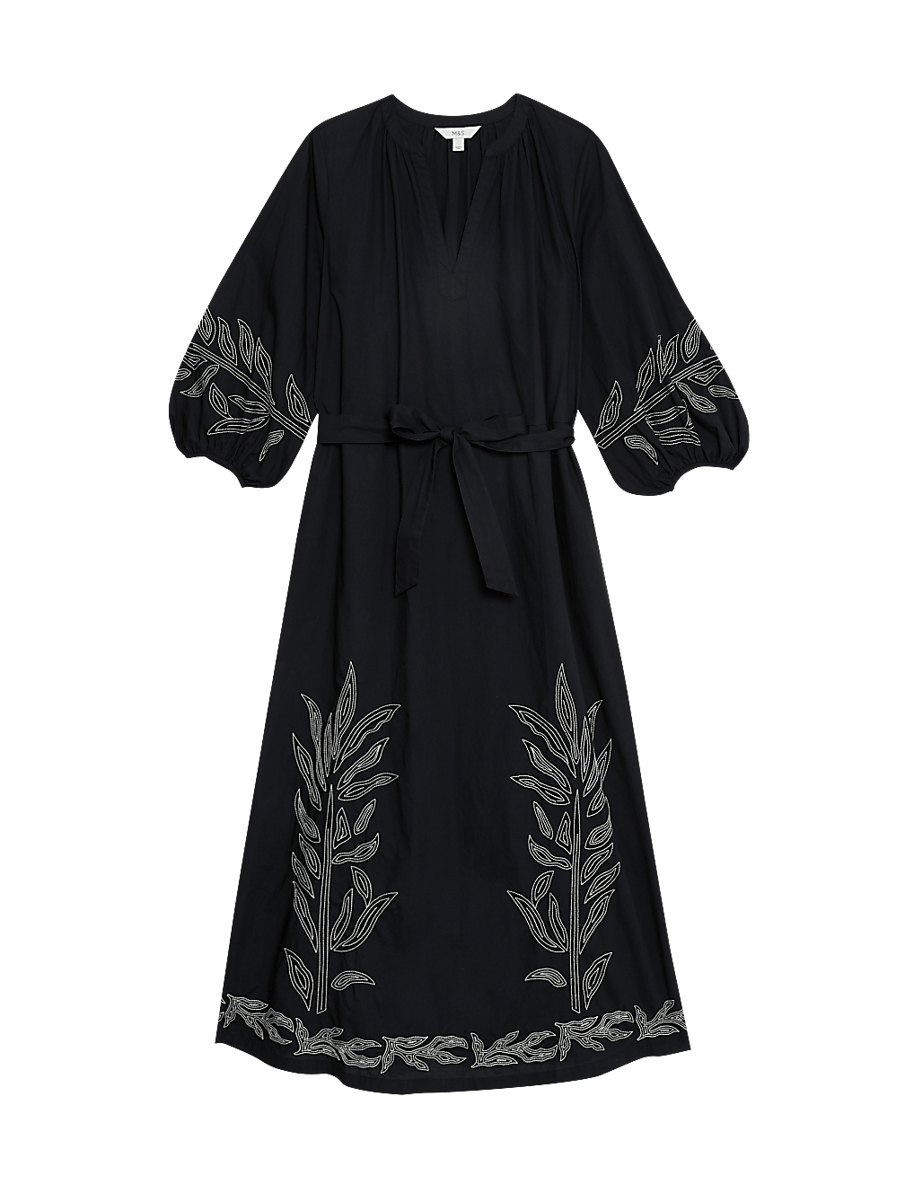 Pure Cotton Embroidered Midi Waisted Dress