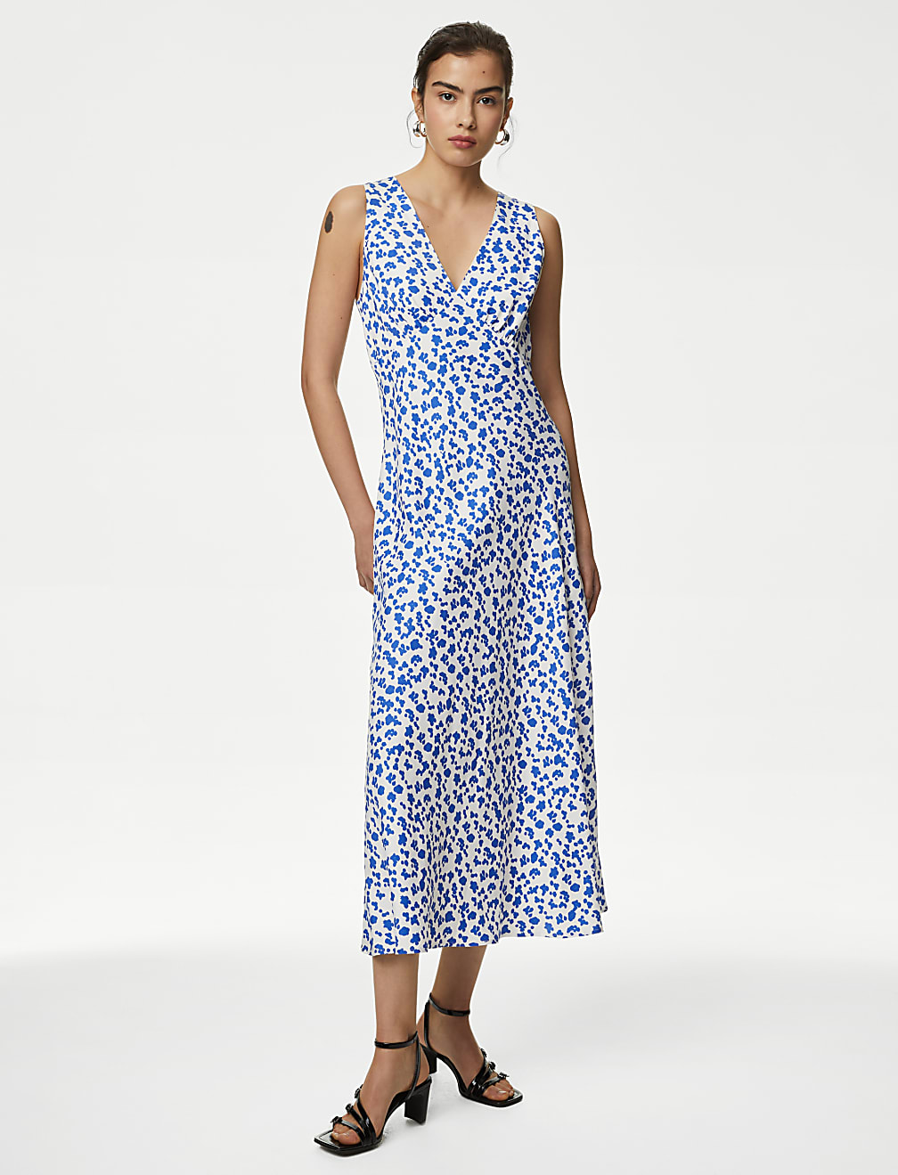 Lyocell Blend Floral V-Neck Midaxi Tea Dress