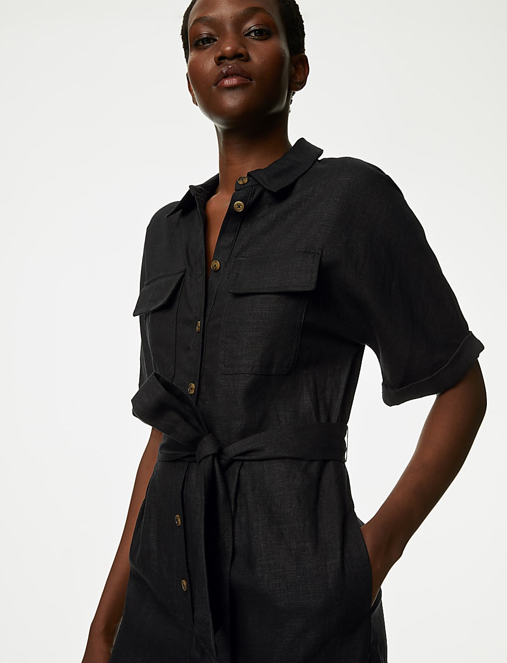 Linen Rich Belted Short Sleeve Playsuit