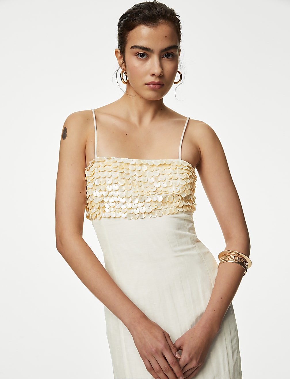 Linen Blend Embellished Midaxi Column Dress