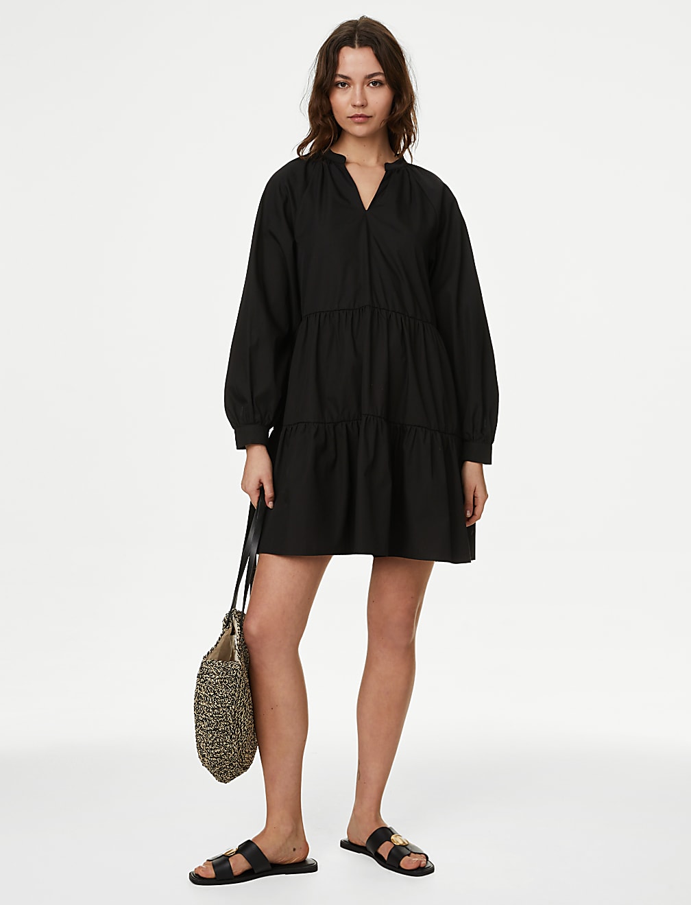Pure Cotton V-Neck Mini Tiered Dress