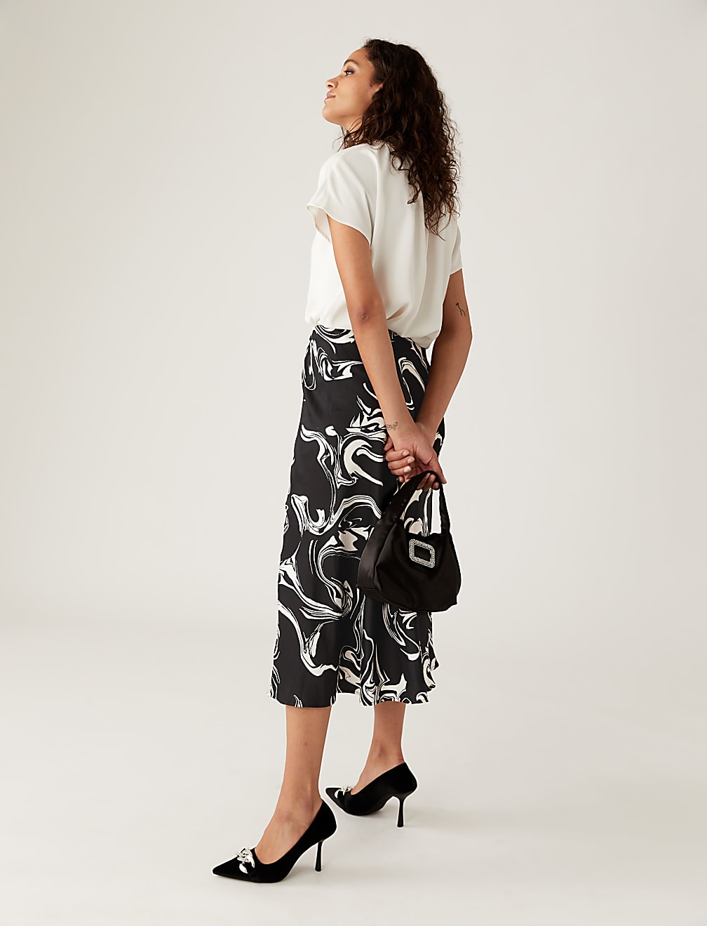 Satin Marble Print Midi Slip Skirt