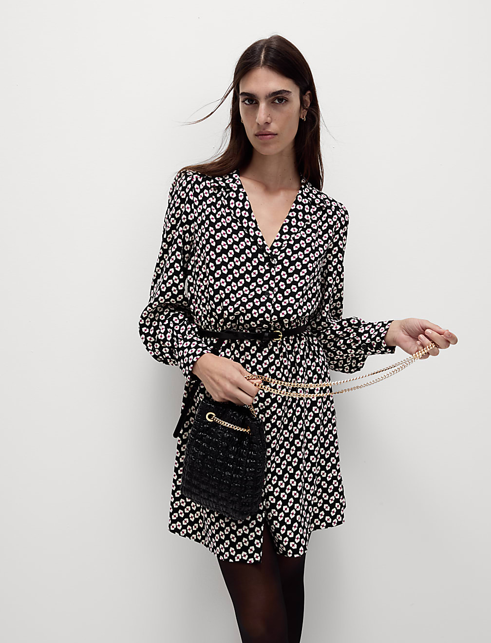 Printed Collared Tie Waist Mini Shirt Dress