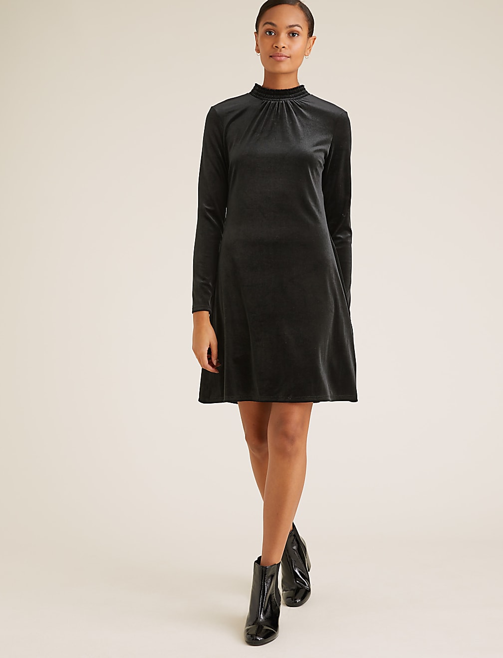 Velvet Shirred Neck Swing Dress