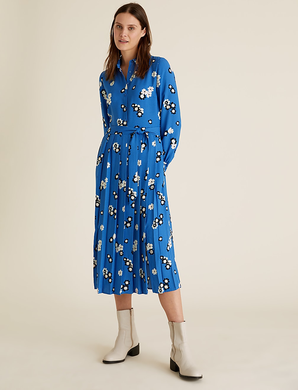 Floral Collared Tie Front Midi Shirt Dress