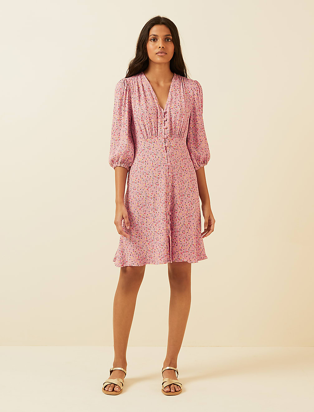 Floral V-Neck Button Through Mini Tea Dress