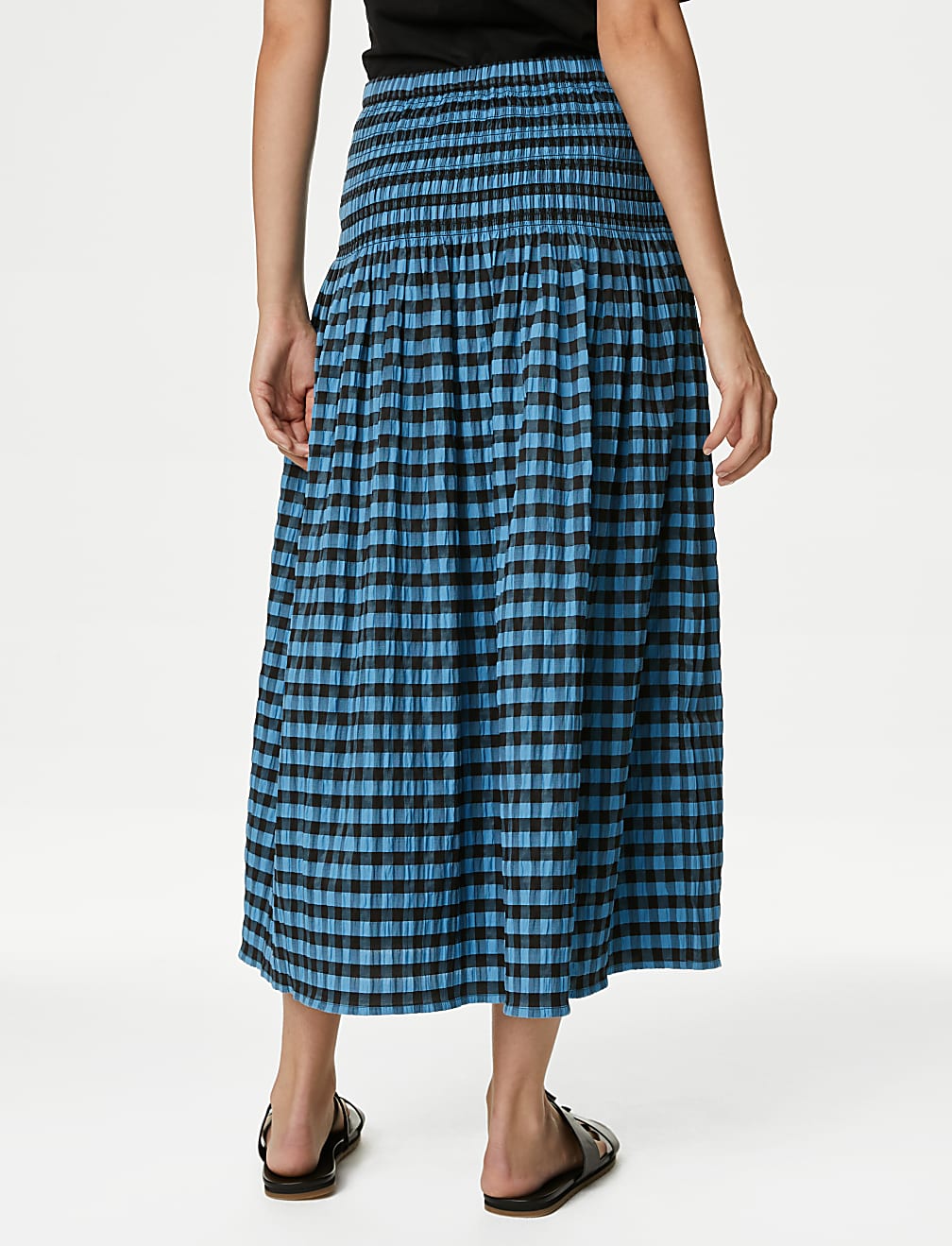 Cotton Blend Checked Midi A-Line Skirt