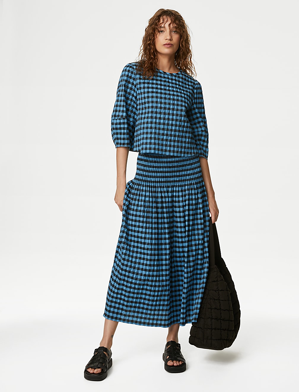 Cotton Blend Checked Midi A-Line Skirt