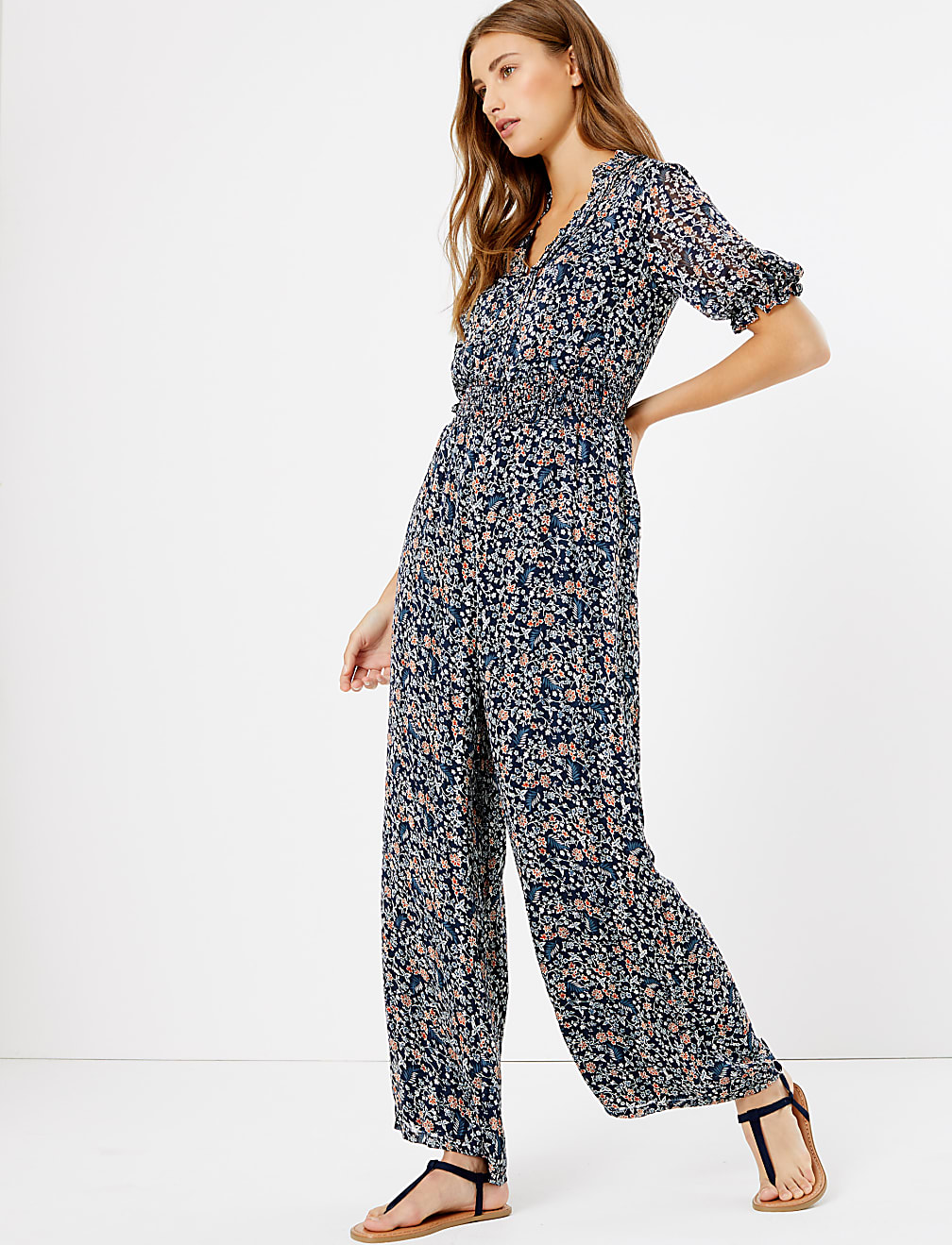 Floral Shirred Waist Jumpsuit