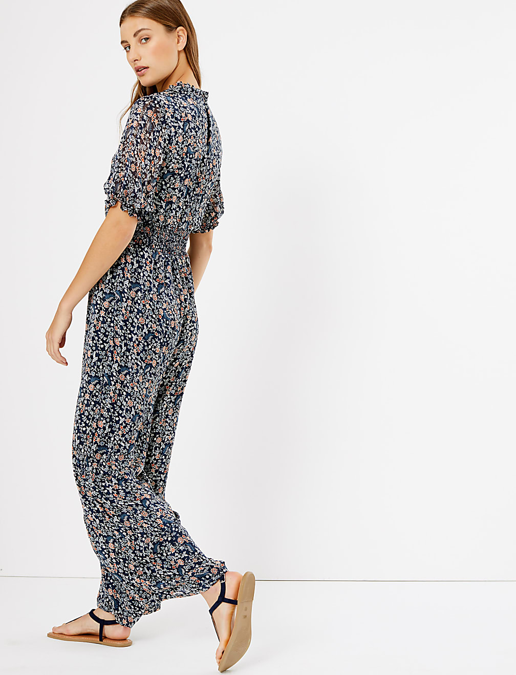 Floral Shirred Waist Jumpsuit