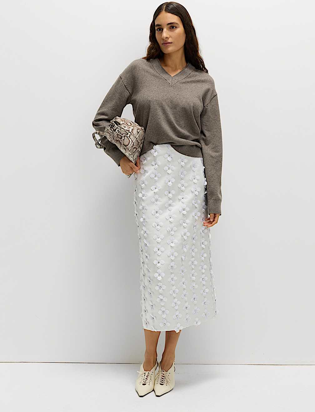 Floral Embellished Midi Pencil Skirt