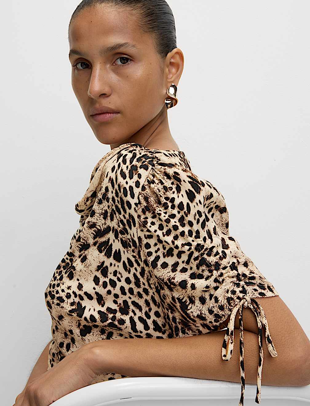 Animal Print Ruched Sleeve Midaxi Dress