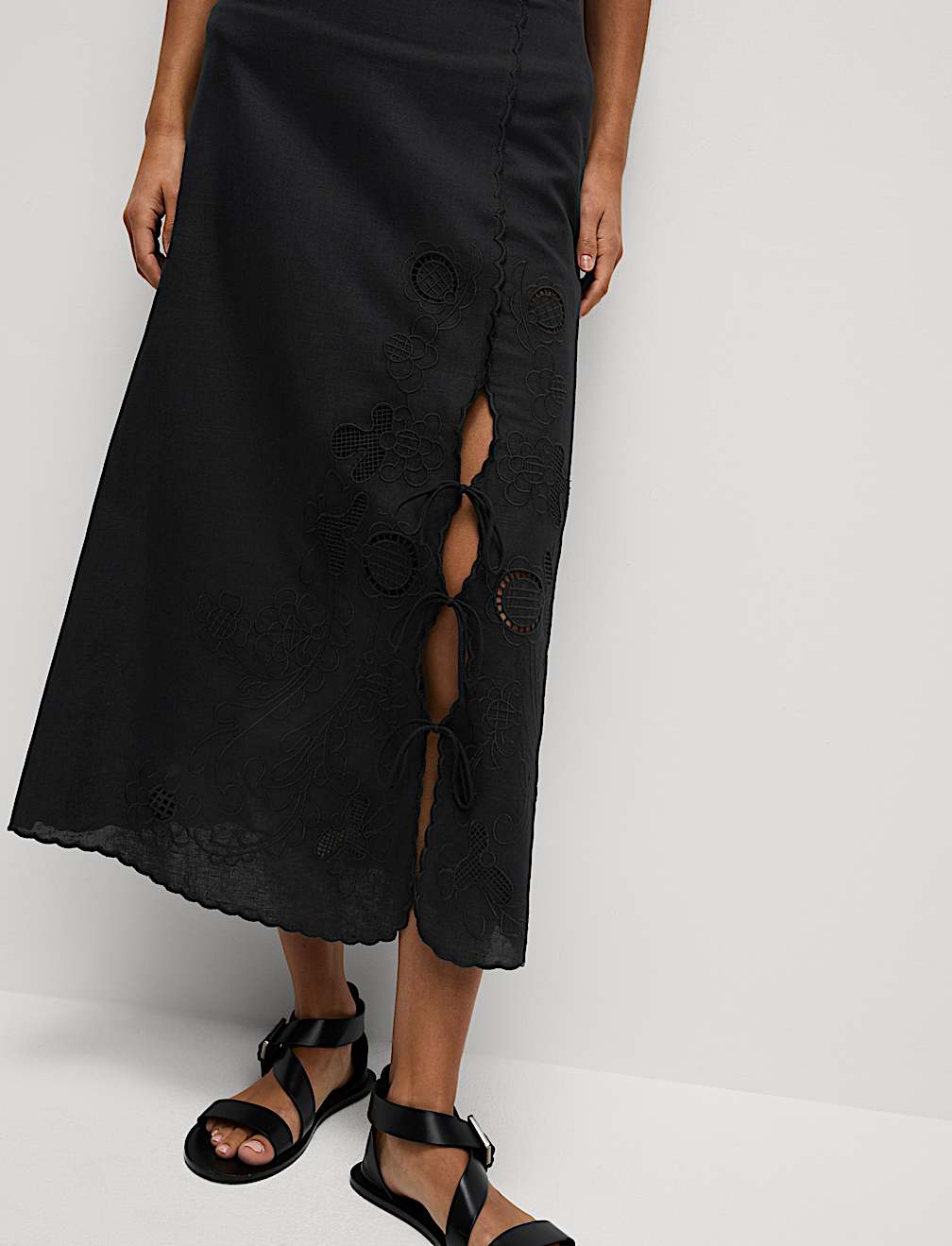 Linen Embroidered Tie Detail Skirt