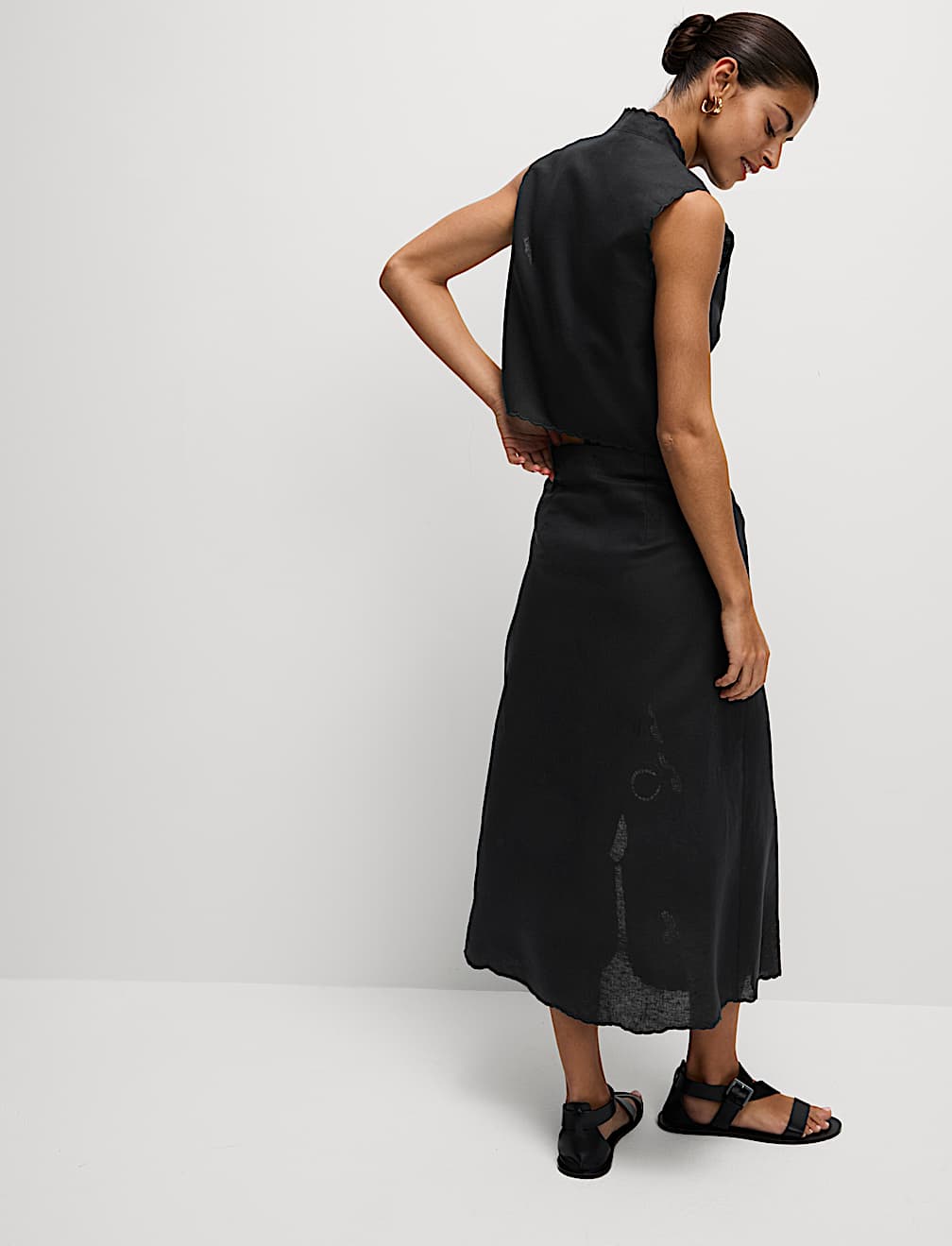 Linen Embroidered Tie Detail Skirt