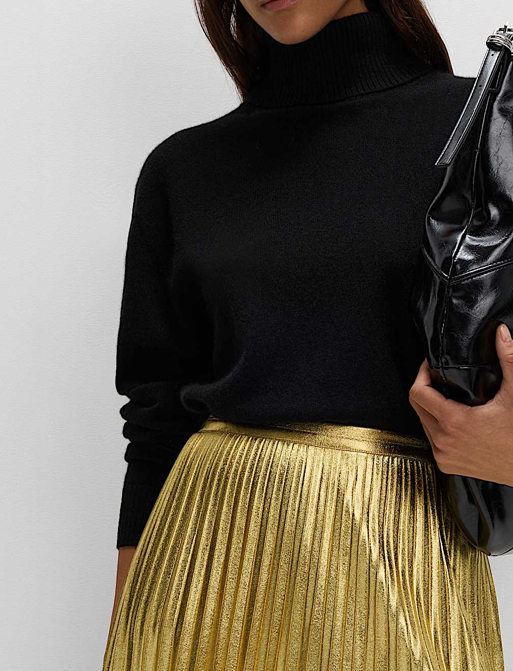 Metallic Gold Pleated Midi Skirt
