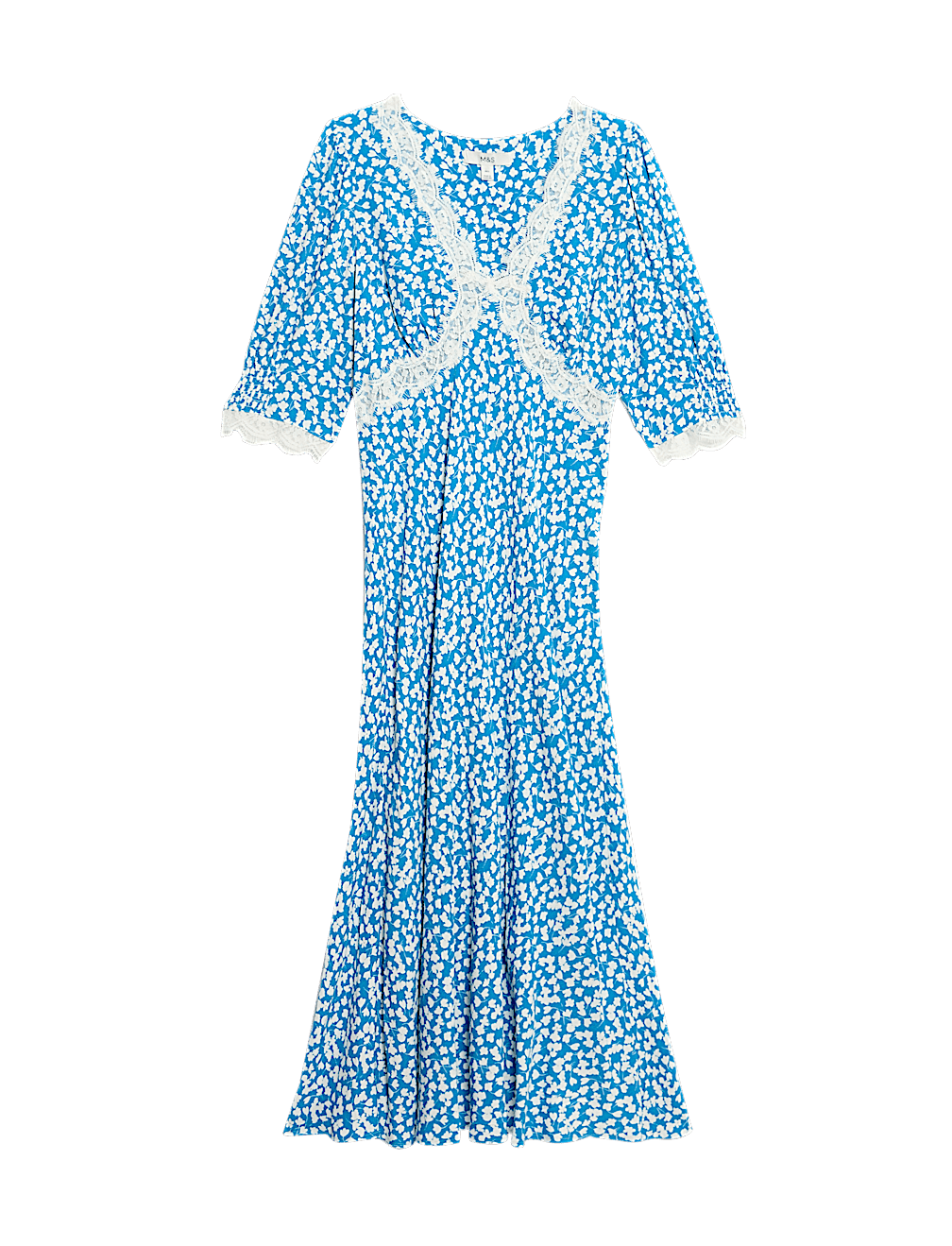 Printed V-Neck Lace Insert Midaxi Tea Dress