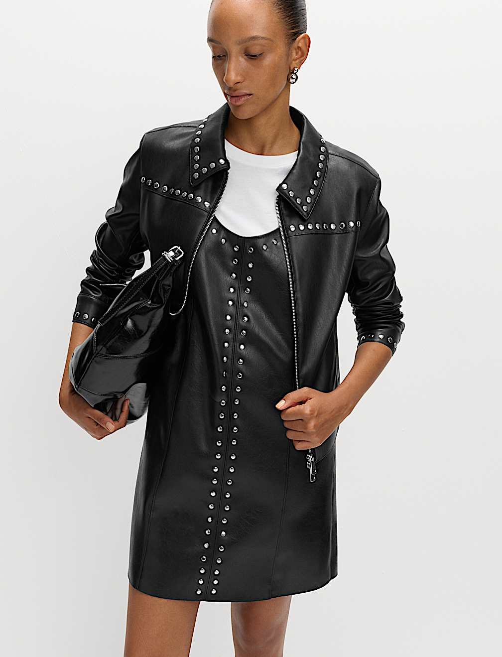 Faux Leather Embellished Mini Shift Dress