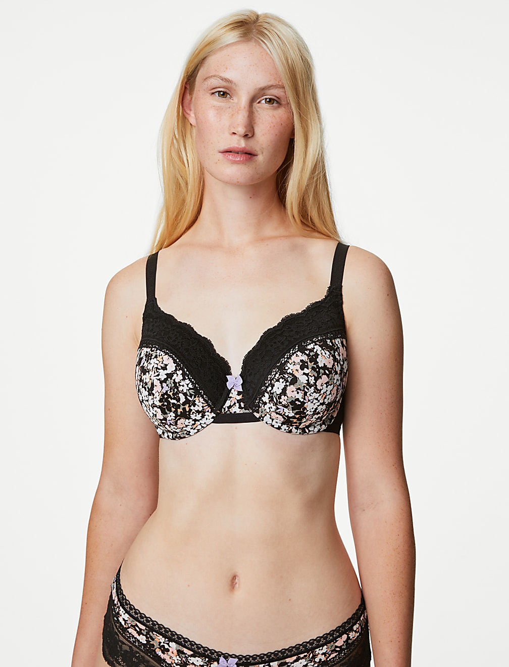 Printed Lace Trim Wired Full Cup Bra