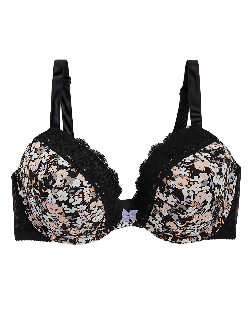 Printed Lace Trim Wired Plunge Bra A-E