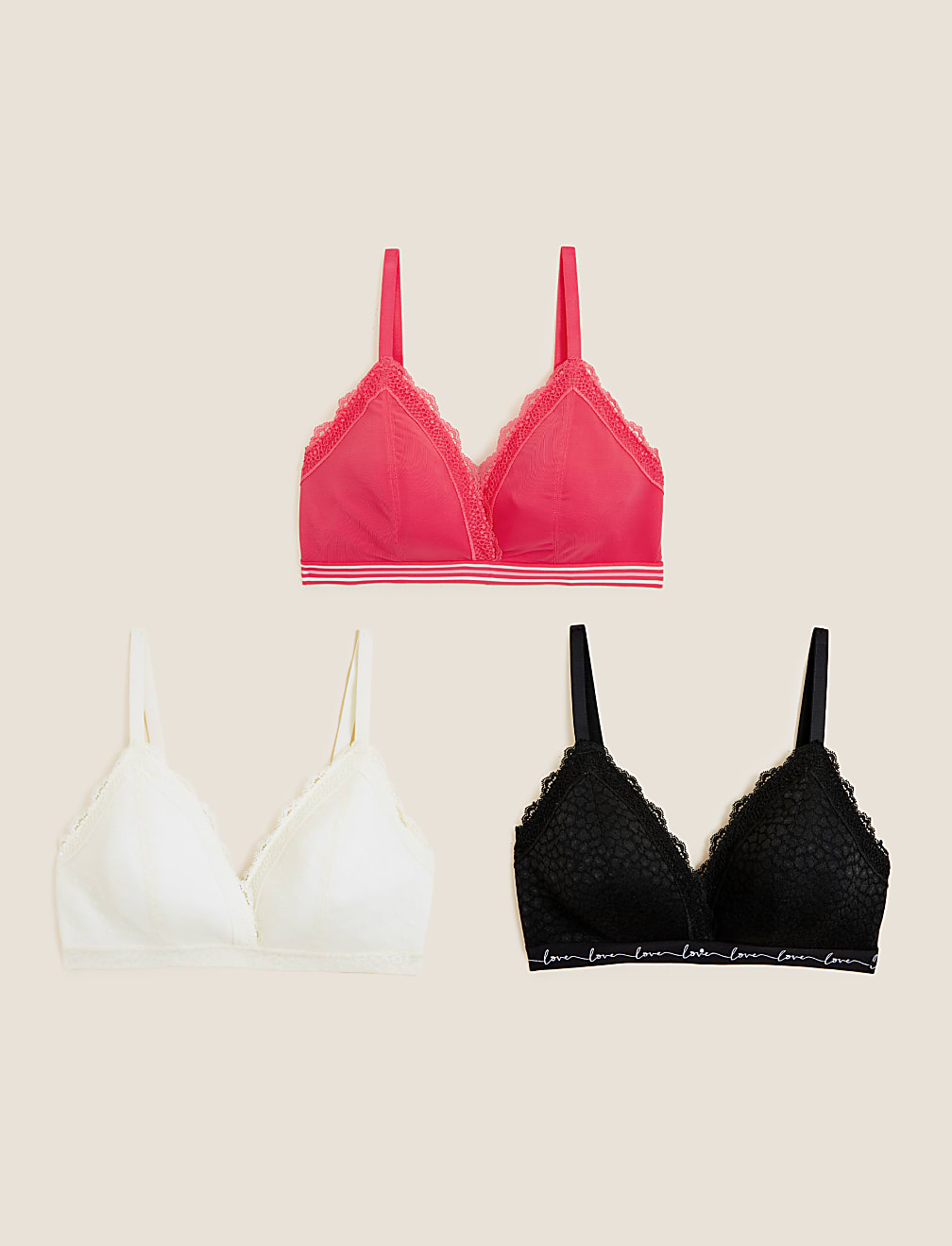 3pk Lace Trim Non Wired Bralettes