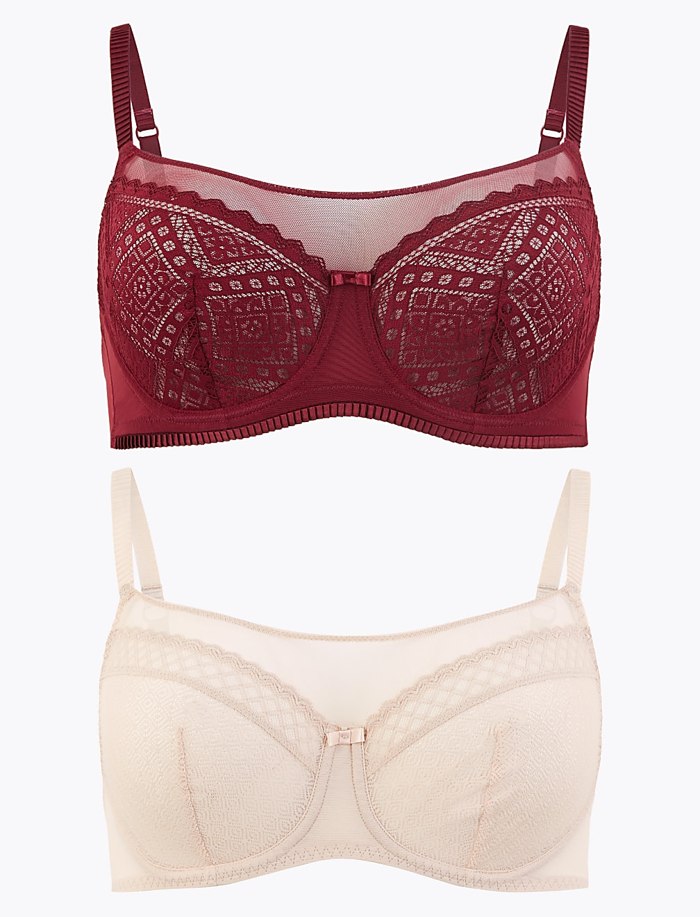 2 Pack Mesh Lace Panel Balcony Bras A-G