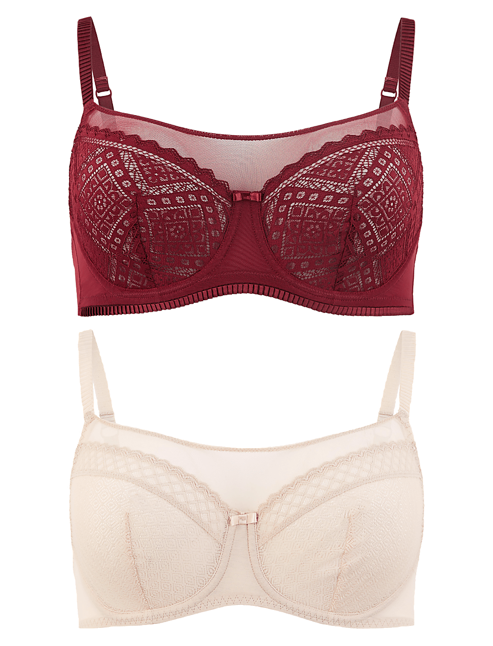 2 Pack Mesh Lace Panel Balcony Bras A-G