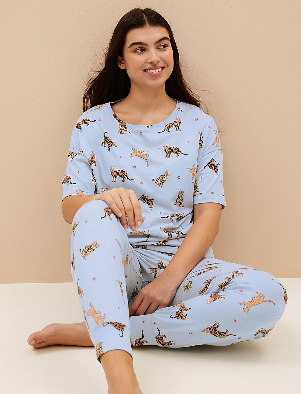 Buy Cotton Rich Cat Print Pyjama Set at Marks Spencer
