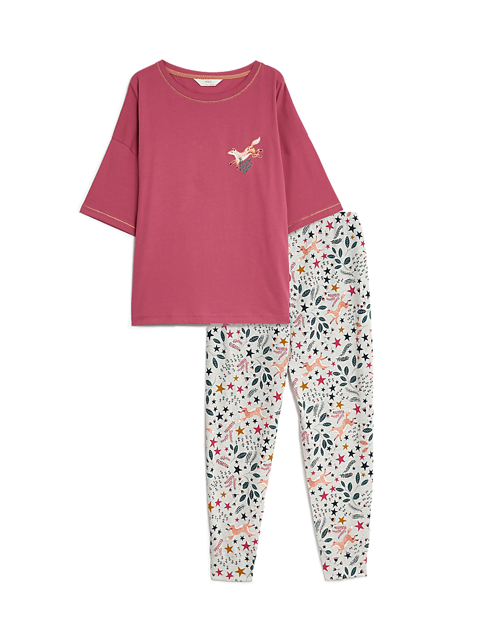 Cotton Rich Fox Print Cuffed Hem Pyjama Set
