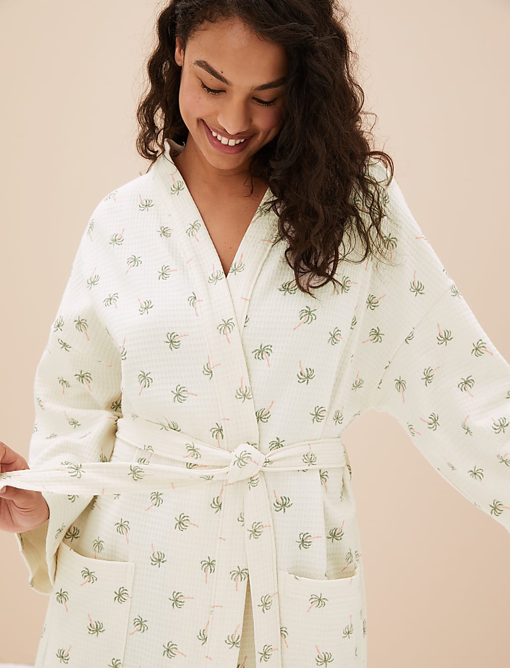 Pure Cotton Waffle Palm Print Dressing Gown