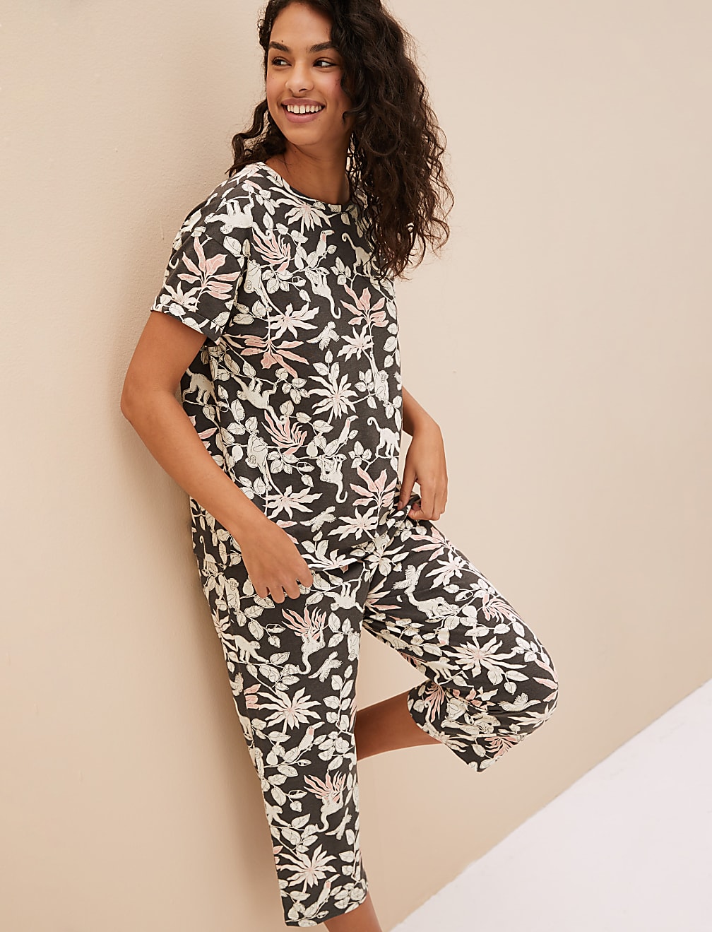Cotton Rich Jungle Print Cropped Pyjama Set