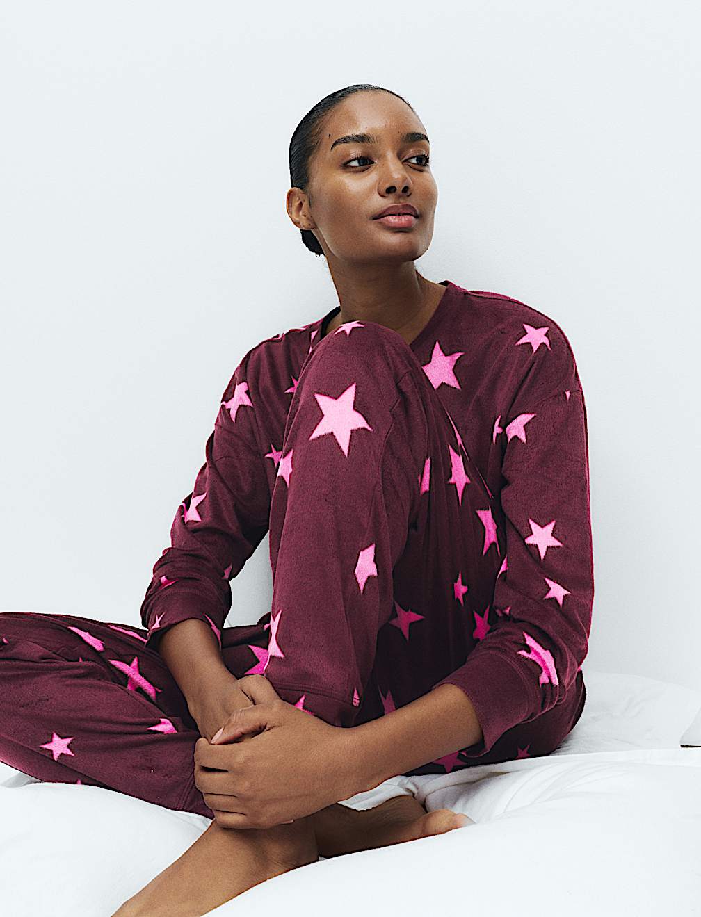 Fleece Star Print Cuffed Hem Pyjama Set