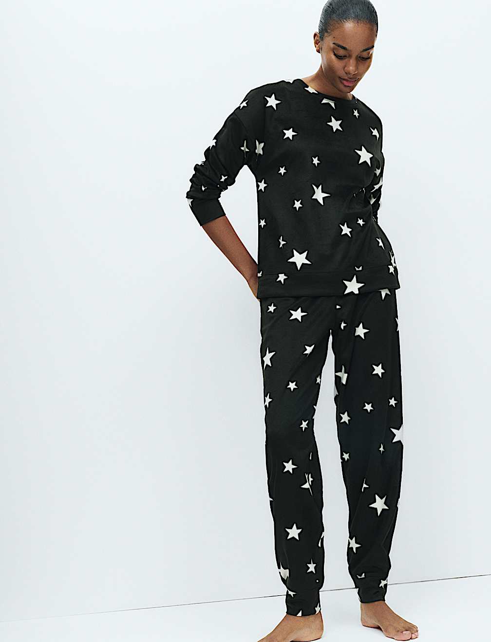 Fleece Star Print Cuffed Hem Pyjama Set