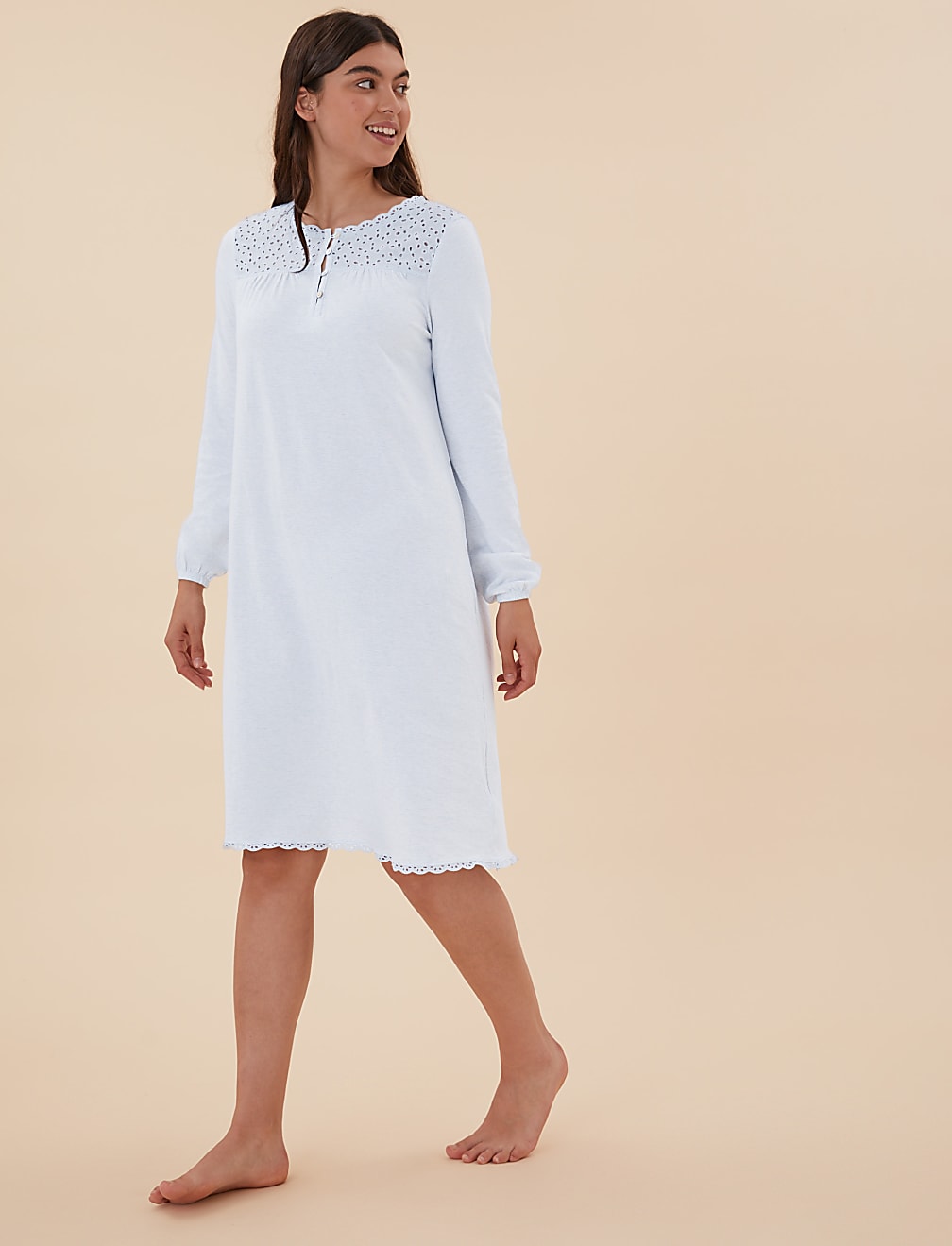 Pure Cotton Broderie Trim Long Nightdress