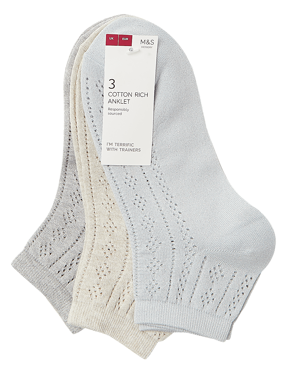3 Pair Pack Cotton Rich Sparkle Anklet Socks