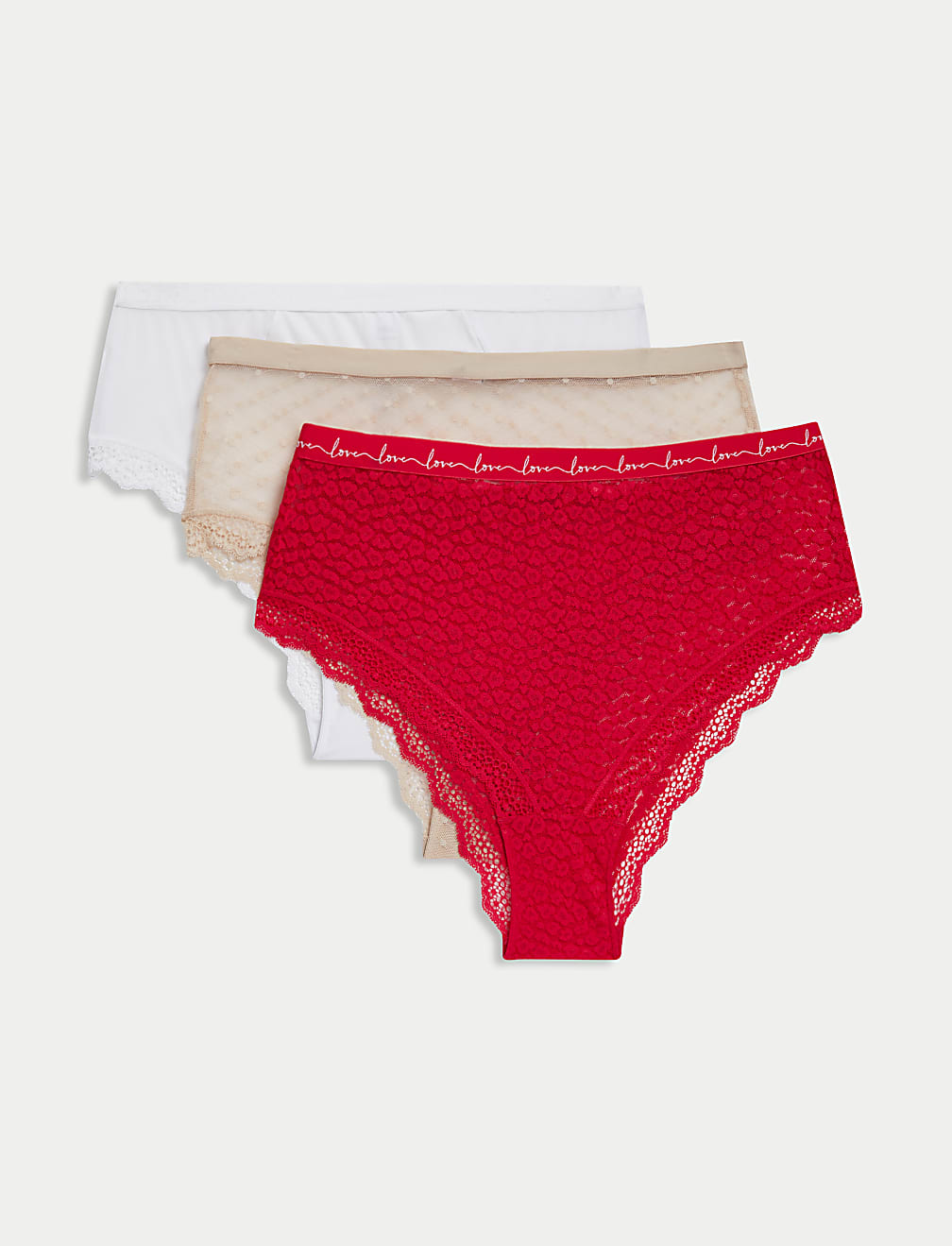 3pk Lace & Mesh High Waisted Brazilian Knickers