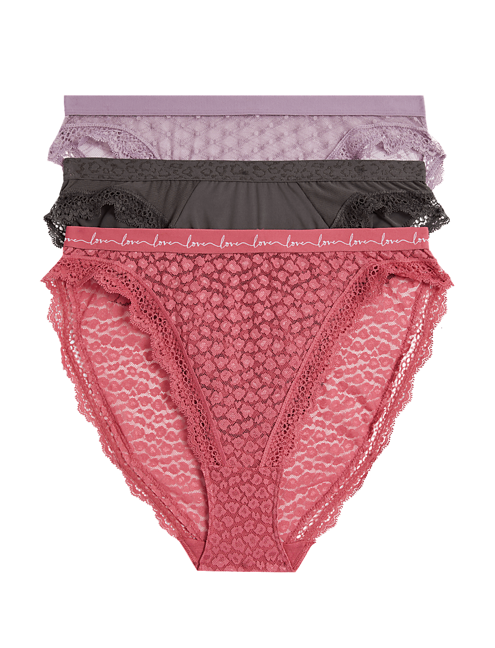 3pk Mesh & Lace High Leg Knickers