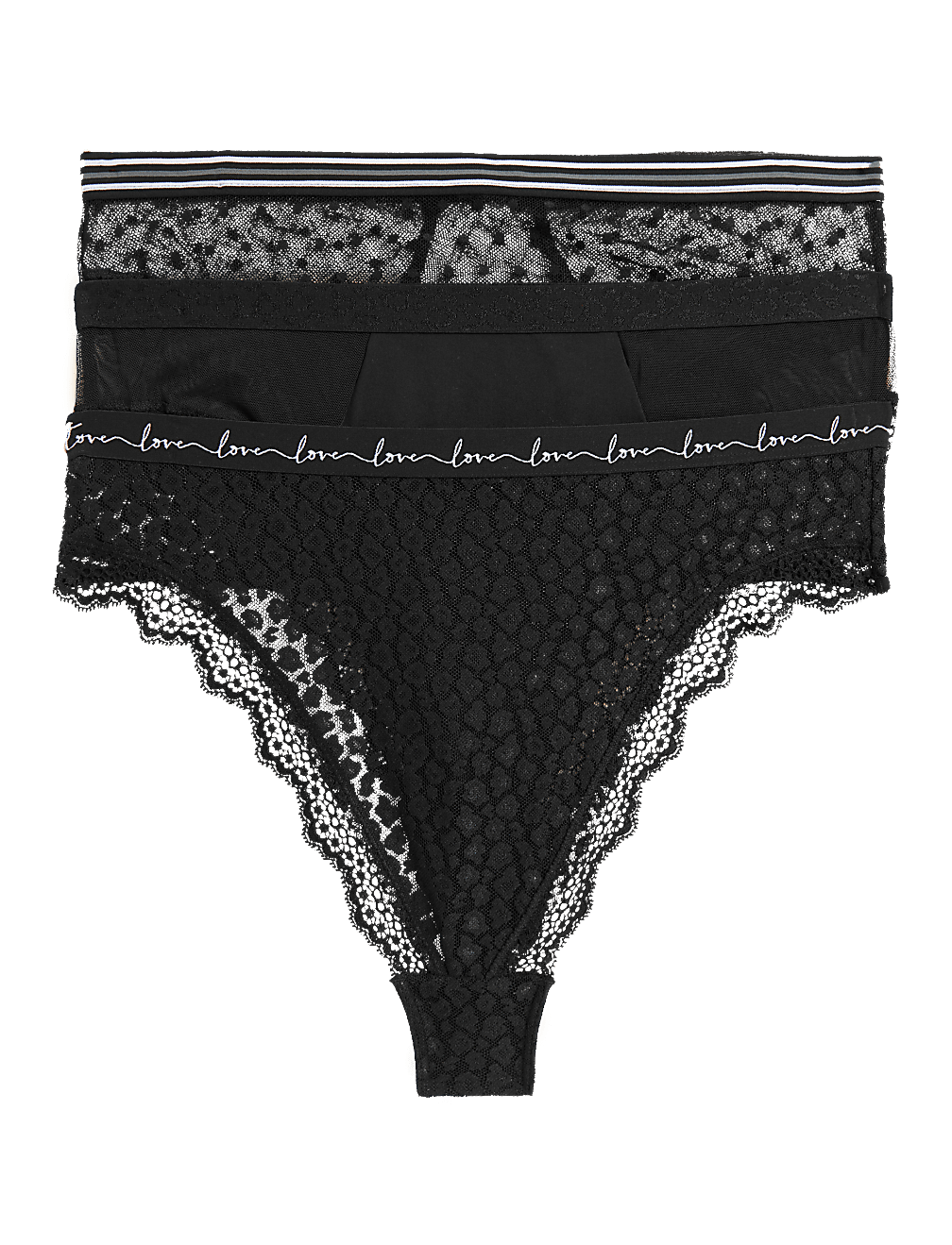 3pk Mesh & Lace High Waisted Thongs